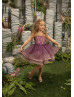 Beaded Purple Tulle Knee Length Heart Back Flower Girl Dress